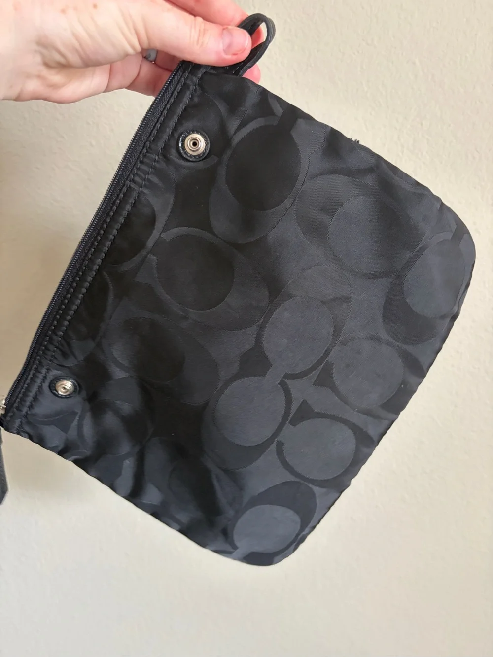 Coach Signature fabric cosmetic pouch makeup bag black-on-black monogram pattern